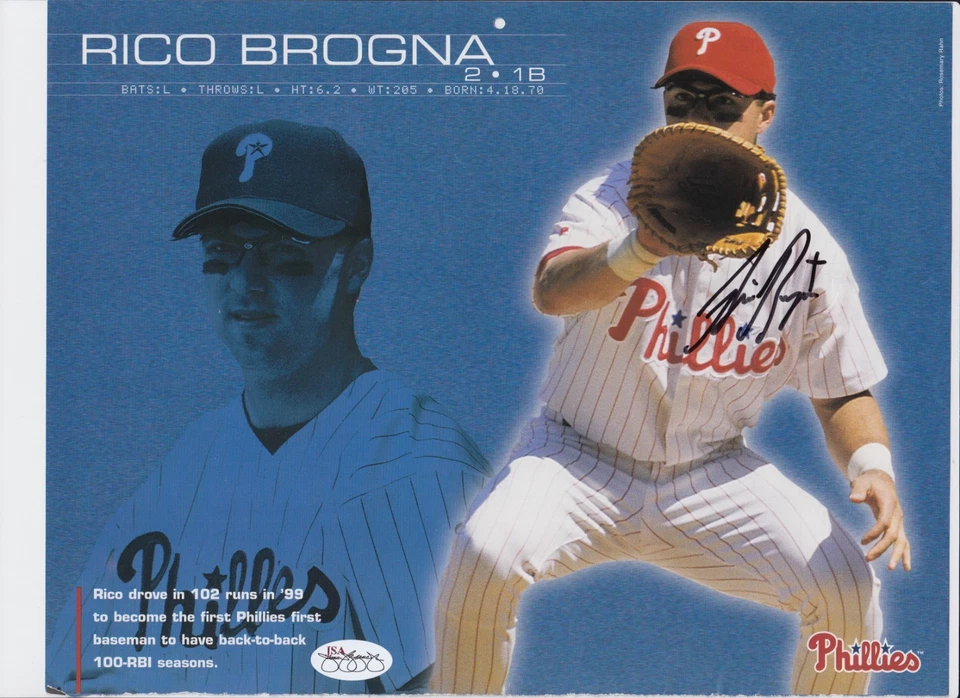 RICO BROGNA PHILADELPHIA PHILLIES SIGNED 8.5X11 MAGAZINE PHOTO AUTO JSA - Image 1 of 1
