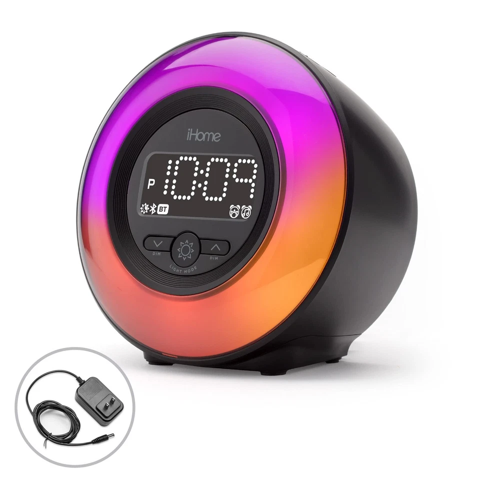 iHome IBT295B PowerClock Glow - Bluetooth Color Changing FM Alarm Clock Round