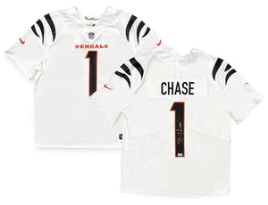 Maglia Ja'Marr Chase autografata Bengals bianca Nike Vapor Limited Beckett - Foto 1 di 4