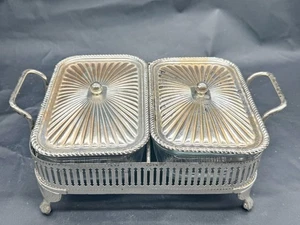 PIATTO DA PORTATA DOPPIO PLACCATO ARGENTO VINTAGE CON INSERTI IN VETRO E VASSOIO CON MANICO - Foto 1 di 13