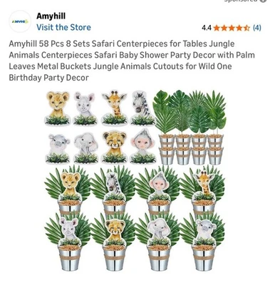 Safari Jungle Baby Shower Table Centerpieces 58 Pcs Set Party Décor - Image 1 of 4