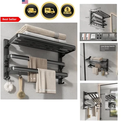 Bathroom Towel Rack with Hooks Foldable Wall Mount Storage Organizer Matte Black - Image 1 of 4