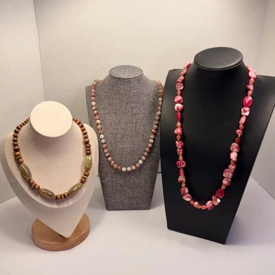 Lot of 3 Vintage Boho Beaded Necklaces – Shell, Stone & Wood Styles - Image 1 of 4