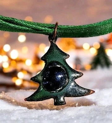 Vintage Enamel Copper Pine Spruce Christmas Tree Blue Green Abstract Pendant - Image 1 of 4