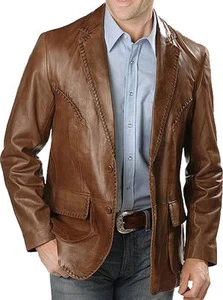 New Men's Genuine soft Lambskin Leather Blazer TAN Slim fit Coat Leather Jacket - Picture 1 of 2