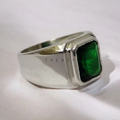 Piedras preciosas de corte esmeralda de peridoto con anillo de plata de ley 925 para hombre #A37 Foto 1 de 4