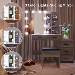 Vanity Set LED Sliding Makeup Mirror Cabinet with Stool Dressing Dresser Table - Picture 1 of 9