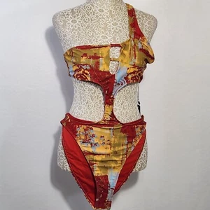 PrettyLittleThing Multi Abstract Print One Shoulder Cut Out Swimsuit SZ 10 NWT - Picture 1 of 12