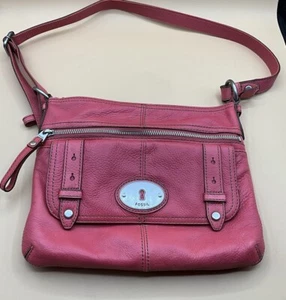 A Very Cool Beautiful Red Orange Leather Fossil Handbag Crossbody Satchel - Picture 1 of 6