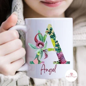Personalised Green Floral Initial Name Mug, Gift for Bridesmaid, Mum, Aunt, Nan - Picture 1 of 5