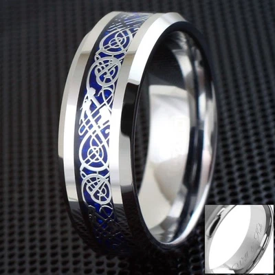 Anillo de tungsteno dragón celta azul grabado de 8 mm para hombre joyería alianza de boda Foto 1 de 4
