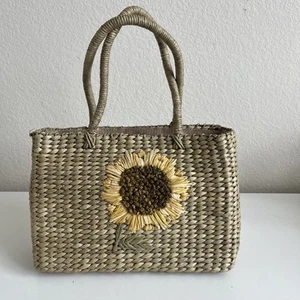 Vtg Woven Floral Sunflower Beach Bag Tote Boho Basket Handbag Summer 11” X 8” - Picture 1 of 21
