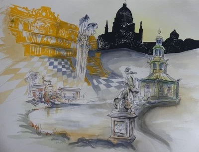 Potsdam Sanssouci, Horst Uhlemann, Mischtechnik, original 62 x 50, 2025 - Bild 1 von 3