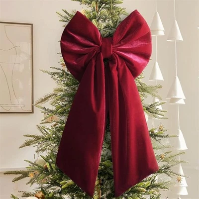 90cm Large Velvet Bowknot Christmas Tree Topper Retro Wine Red Bow Ornament