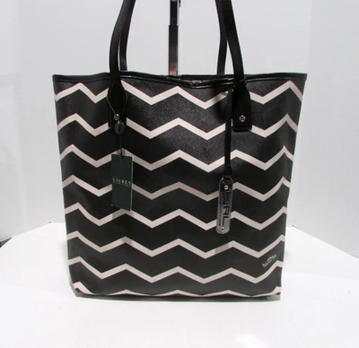 Bolsa de ombro Ralph Lauren Kirby NS Tote Shopper Chevron preta baunilha nova com etiquetas - Imagem 1 de 4