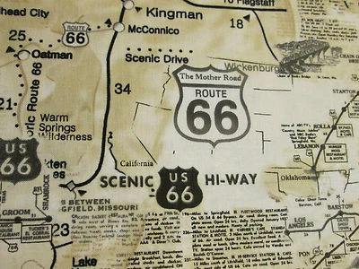 ROUTE 66 HISTORICAL MAP TAN BEIGE COTTON FABRIC FQ - Image 1 of 4
