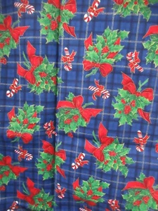 CHRISTMAS HOLLY GREENERY BERRIES CANDY CANES BLUE PLAID Cotton Fabric SBTY X 44 - Picture 1 of 6