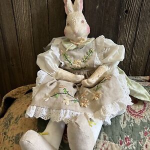 vntage stuffed rabbit porcelain head, Fancy Embroidered Dress,