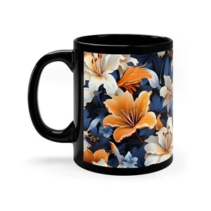 Herbst Gold und Blau Lilien Floral Schwarz Becher Blume Kaffeetasse NEU - Bild 1 von 4