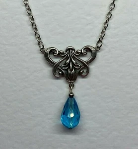 Jugendstil Viktorianischer Stil Silber P BLUME HALSKETTE KETTE TÜRKIS GLAS TROPFEN  - Bild 1 von 9
