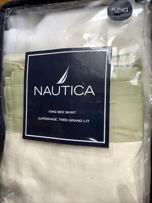 "Falda de cama Nautica Palm Harbor King crema con borde verde salvia caída de 15""" Foto 1 de 4