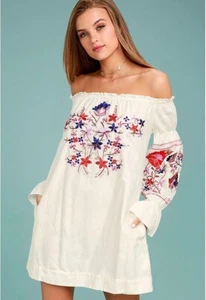 Free People Fleur Du Jour Mini Dress Cream Embroidered Shift MEDIUM Off-Shoulder - Picture 1 of 15