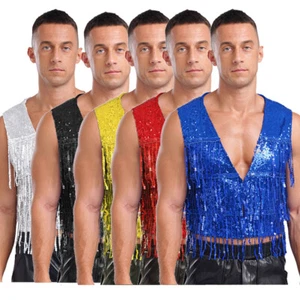 UK Mens Sequin Fringe Vest Sparkly Open Front Waistcoat Sleeveless Jackets Vest - Picture 1 of 62