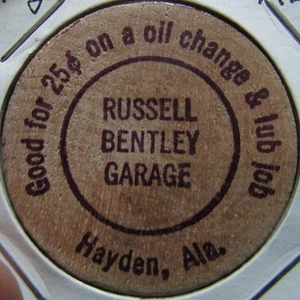 Vintage Russell Bentley Garage Hayden, AL Purple Wooden Nickel Token - Alabama - Picture 1 of 2