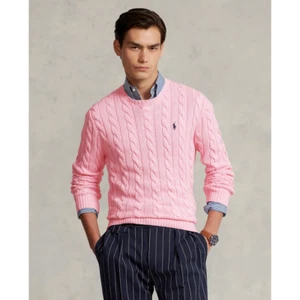 NWT Polo Ralph Lauren SOLID PINK Cotton Cable Knit Crewneck Sweater - Picture 1 of 6