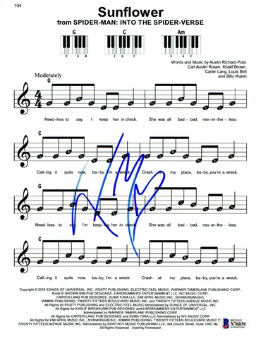 POST MALONE SIGNED SUNFLOWER AUTO LYRIC SHEET BECKETT BAS Cover