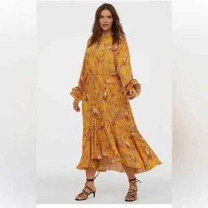 Vestido para mujer Johanna Ortiz x H&M talla L amarillo maxi crepé volantes orquídea/pájaro - Imagen 1 de 12