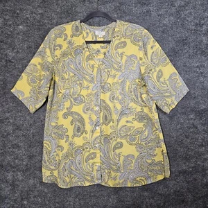 Charter Club Shirt Womens L Yellow Gray Paisley Luxury Linen Button Up Short Slv - Picture 1 of 8