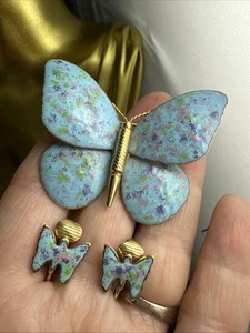Vintage goldfarbene Emaille über Kupfer Schmetterling Brosche Clip auf Ohrringe - Bild 1 von 9