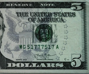 Uncirculated 2013 $5 Dollar Bill – Fancy Repeater Serial MG51777517A - Picture 1 of 3