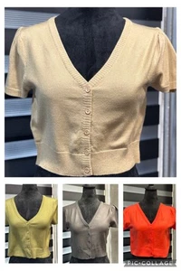 MAK Sweater 4 Cropped Cardigans Women Size L Tan Green Gray Orange Short Sleeve - Picture 1 of 17