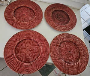 4 Wicker Rattan Plate Chargers Vintage Boho Shabby Worn Red 13.5 Indent Center - Picture 1 of 11