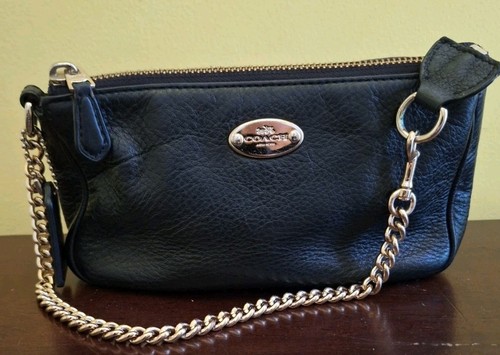 Coach Pelle Ciottolata Nero Zip Polso Pochette Oro Cinturino Catena Mobile F53340