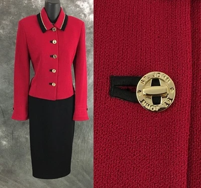 HERMOSA Chaqueta Colección St John Punto Rojo Negro Traje Blazer Talla 2 Foto 1 de 4