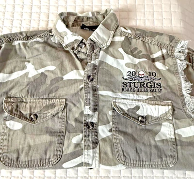 10' Sturgis 70th Annual Biker Edge Mens Size M Sleeveless Button Up Camo Shirt - Image 1 of 4