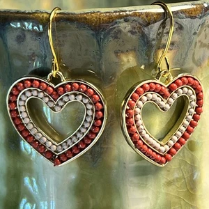 Gold Tone Coral Pink Heart Charm Dangle Earrings. Love. Valentines Day. S237 - Picture 1 of 3