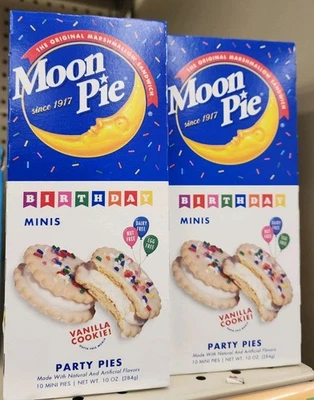 2 Cajas MoonPie Cumpleaños Mini Fiesta Pasteles Vainilla Galleta 10 Unidades 10oz Sin Lácteos Foto 1 de 2