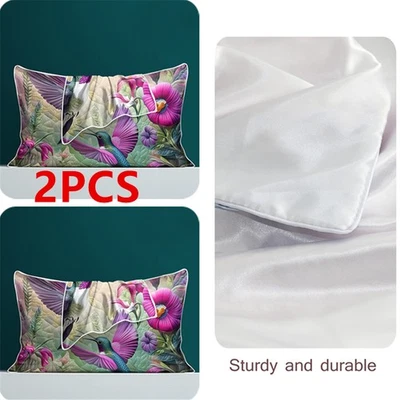 2PCS Trumpet Flower Hummingbird Pillowcases Colorful Floral PillowCovers Bedroom - Image 1 of 4