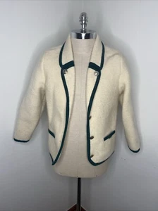 Geiger Cardigan Lana Bollita Maglione Donna 38 Austria Off Giacca Verde Bianco - Foto 1 di 9