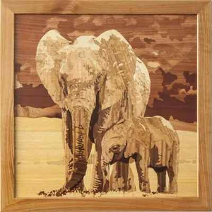 Elefantes Safari África Elefante Madera Mosaico Eco Incrustación Panel Enmarcado Colgante de Pared - Imagen 1 de 13