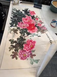 Quadro cinese stampato a mano 32”x 62” rotolo fiori di peonia firmato vintage - Foto 1 di 16