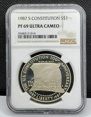 1987 S, SILVER $1, 200th ANNIVERSARY OF THE CONSTITUTION, KM # 220, PROOF - Image 1 of 2