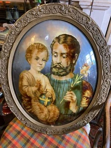 Antik Vintage Joseph & Kind Jesus oval gewölbt Reverse Glas Bild um 1930er Jahre - Bild 1 von 8