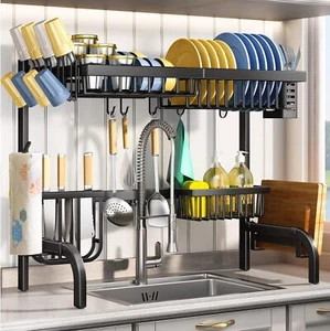 Over The Sink 2 Tier Dish Drying Rack Adjustable for Kitchen Counter with Hooks - Picture 1 of 9