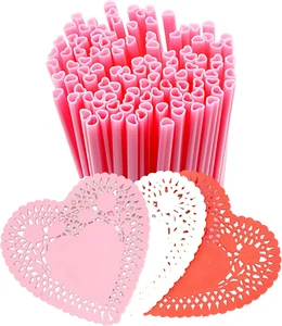 50 Pcs Pink Heart Shaped Straws & Doilies - Disposable Drinking Straws Individua - Picture 1 of 12