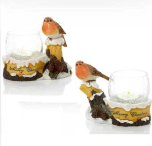 New Robin T-Light Glass Candle Festive Christmas Mantelpiece Ornament Gift - Picture 1 of 1